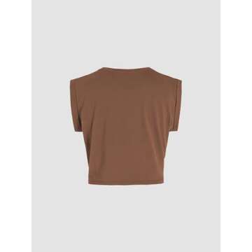 CIDER Crop Tops for Women Crew Neck T Shirts Short Sleeve Knotted Twist Front Loose Summer Basic Tee Brown