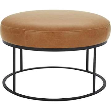 Amazon Brand – Rivet Revere Round Leather Iron-Framed Ottoman, 30.3"W, Cognac