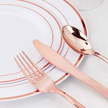 WDF160 Piece Rose Gold Disposable Cutlery Set - Heavyweight Plastic Silverware - Includes 80 Forks, 40 Spoons, 40 Knives - Rose Gold Silverware Perfect for Mother's Day