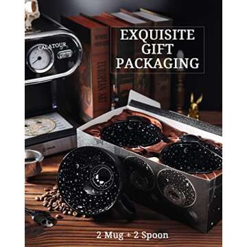 CALATOUR Set Of 2 Midnight Skull Coffee Large Mugs With Skull Spoons In Gift Box,Cute Halloween Spooky Witch Gifts Goth Decor Cool Novelty Tea Cups,21oz/620ml Porcelain(Midnight Black)