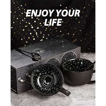 CALATOUR Set Of 2 Midnight Skull Coffee Large Mugs With Skull Spoons In Gift Box,Cute Halloween Spooky Witch Gifts Goth Decor Cool Novelty Tea Cups,21oz/620ml Porcelain(Midnight Black)