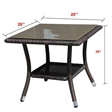 Super Patio Outdoor Side Table, 20" Square Wicker End Table, Tempered Glass Top Coffee Table with Storage, Aluminum Frame-Brown