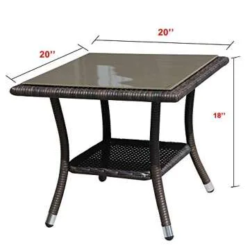Super Patio Outdoor Side Table, 20" Square Wicker End Table, Tempered Glass Top Coffee Table with Storage, Aluminum Frame-Brown