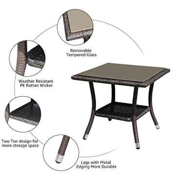 Super Patio Outdoor Side Table, 20" Square Wicker End Table, Tempered Glass Top Coffee Table with Storage, Aluminum Frame-Brown