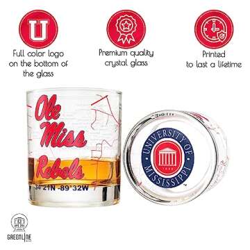 University Of Mississippi Whiskey Glass Set (2 Low Ball Glasses) - Contains Full Color Ole Miss Logo & Campus Map - Ole Miss Rebels Gift Idea for College Grads & Alumni - College Cocktail Glassware