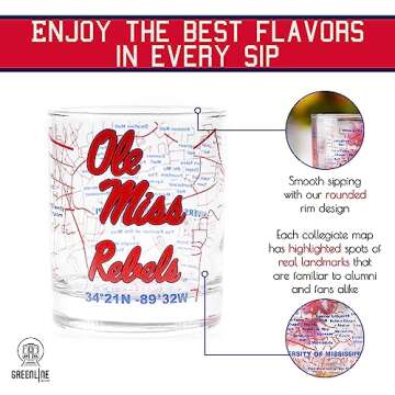 University Of Mississippi Whiskey Glass Set (2 Low Ball Glasses) - Contains Full Color Ole Miss Logo & Campus Map - Ole Miss Rebels Gift Idea for College Grads & Alumni - College Cocktail Glassware