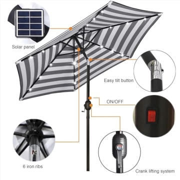 Blissun 7.5 ft Solar Umbrella 18 LED Lighted Patio Umbrella Table Market Umbrella with Tilt and Crank Outdoor Umbrella for Garden, Deck, Backyard, Pool and Beach (Black & White)