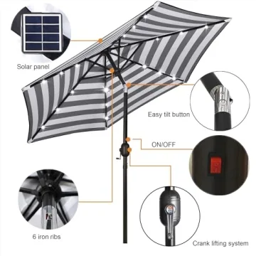 Blissun 7.5 ft Solar Umbrella 18 LED Lighted Patio Umbrella Table Market Umbrella with Tilt and Crank Outdoor Umbrella for Garden, Deck, Backyard, Pool and Beach (Black & White)