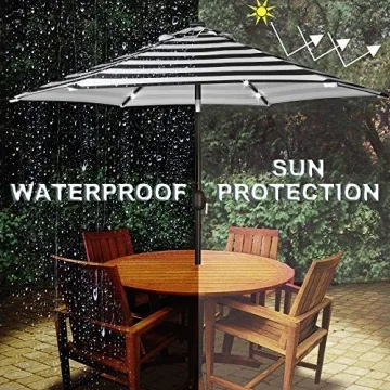 Blissun 7.5 ft Solar Umbrella 18 LED Lighted Patio Umbrella Table Market Umbrella with Tilt and Crank Outdoor Umbrella for Garden, Deck, Backyard, Pool and Beach (Black & White)