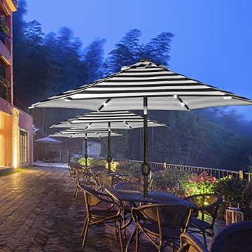 Blissun 7.5 ft Solar Umbrella 18 LED Lighted Patio Umbrella Table Market Umbrella with Tilt and Crank Outdoor Umbrella for Garden, Deck, Backyard, Pool and Beach (Black & White)