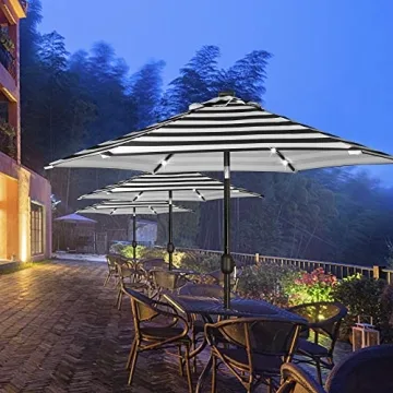 Blissun 7.5 ft Solar Umbrella 18 LED Lighted Patio Umbrella Table Market Umbrella with Tilt and Crank Outdoor Umbrella for Garden, Deck, Backyard, Pool and Beach (Black & White)