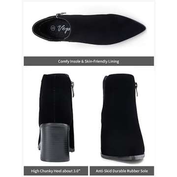 Vepose Women's Ankle Booties Pointed Toe, Block Chunky Heel Boots, 9631 - Blacknubuck, Size 8 US, with Side Zipper (CJY9631 blacknubuck 08)