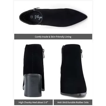 Vepose Women's Ankle Booties Pointed Toe, Block Chunky Heel Boots, 9631 - Blacknubuck, Size 8 US, with Side Zipper (CJY9631 blacknubuck 08)