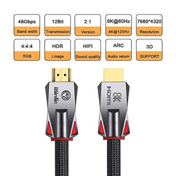 iBirdie 8K HDMI 2.1 Cable 3 Feet 8K60hz 4K120hz 4K144hz HDCP 2.3 2.2 eARC ARC 48Gbps Ultra High Speed Compatible with Dolby Vision Atmos PS5 PS4, Xbox One Series X, Sony LG Samsung RTX 3080 3090