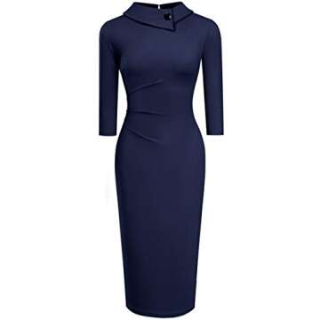 HOMEYEE Women's Retro Pleated Bodycon Work Office Pencil Dresses B597 B574(Navy Blue,10)
