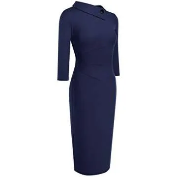 HOMEYEE Women's Retro Pleated Bodycon Work Office Pencil Dresses B597 B574(Navy Blue,10)