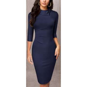 HOMEYEE Women's Retro Pleated Bodycon Work Office Pencil Dresses B597 B574(Navy Blue,10)