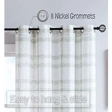White Green Geometric Window Curtain Panel Pairs 84" Long for Living Room Linen Blend Semi Sheers Grommets Top Rustic Farmhouse Style Window Treatment Drape Sets for Bedroom 54"x84"x2, Sage/White