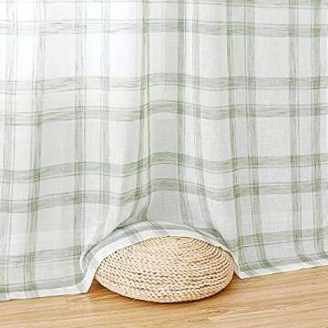 White Green Geometric Window Curtain Panel Pairs 84" Long for Living Room Linen Blend Semi Sheers Grommets Top Rustic Farmhouse Style Window Treatment Drape Sets for Bedroom 54"x84"x2, Sage/White