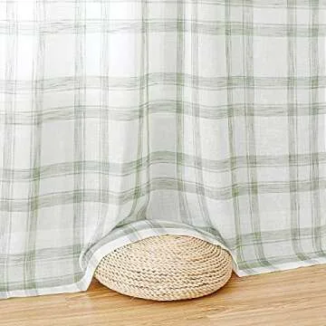 White Green Geometric Window Curtain Panel Pairs 84" Long for Living Room Linen Blend Semi Sheers Grommets Top Rustic Farmhouse Style Window Treatment Drape Sets for Bedroom 54"x84"x2, Sage/White