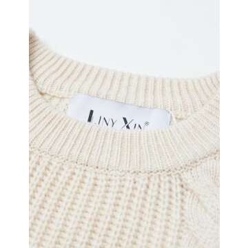 LINY XIN Women's 2023 Oversized Fall Winter Warm Crewneck Long Sleeve Knit Cable Long Pullover Merino Wool Sweater Dress (Beige,L)