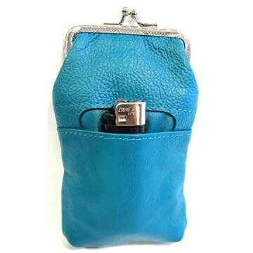 Women 100% Pure Leather Cigarette Case Lighter Match Pocket Zipper Coin Pouch -4 Color (Teal)