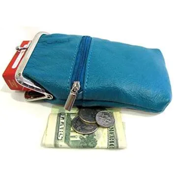 Women 100% Pure Leather Cigarette Case Lighter Match Pocket Zipper Coin Pouch -4 Color (Teal)