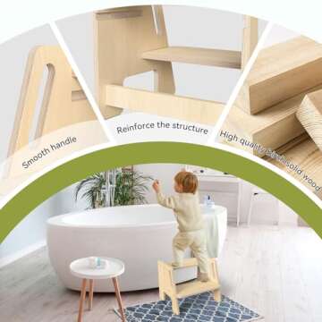 Toddler 2 Step Wooden Stool – Sturdy Step Ladder for Bathroom, Kitchen & Home Use, Non-Slip Base, ...