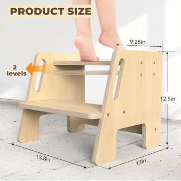 Toddler 2 Step Wooden Stool – Sturdy Step Ladder for Bathroom, Kitchen & Home Use, Non-Slip Base, Lightweight, Stylish Wood Grain Finish, Ideal for Kids to Reach High Shelves & Sink
