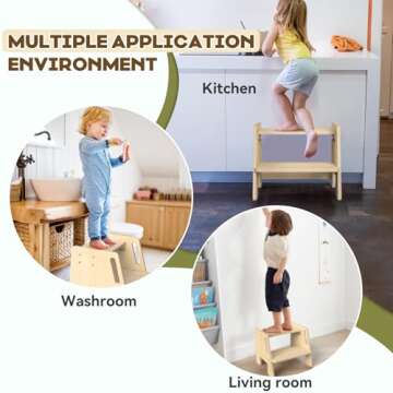 Toddler 2 Step Wooden Stool – Sturdy Step Ladder for Bathroom, Kitchen & Home Use, Non-Slip Base, Lightweight, Stylish Wood Grain Finish, Ideal for Kids to Reach High Shelves & Sink