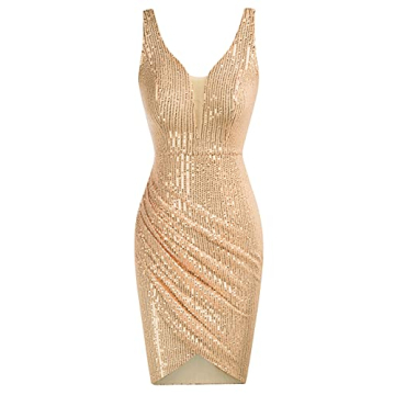 GRACE KARIN Women Deep V Neck Party Mini Dress U Back Sequin Irregular Hem Evening Dress