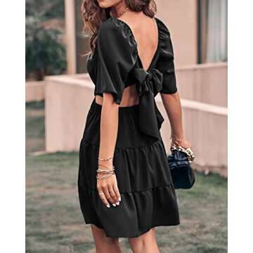 BTFBM Women Summer Dresses 2023 Square Neck Short Sleeve Cutout Crossover Waist Casual Party Tiered A-Line Mini Dress(Solid Black, Small)