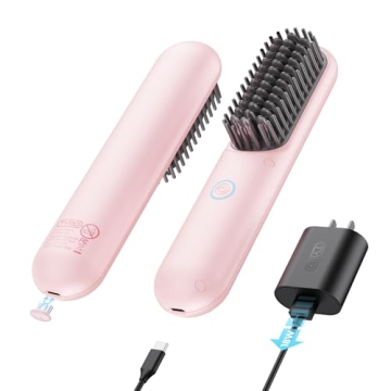 TYMO Porta Cordless Hair Straightener Brush, Portable Mini Straightening Brush for Travel, Negative ...
