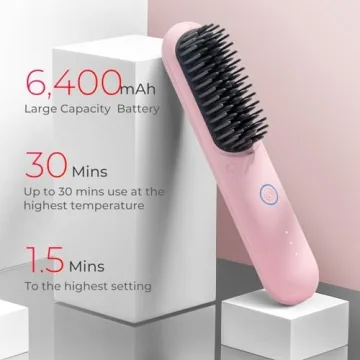 TYMO Porta Cordless Hair Straightener Brush, Portable Mini Straightening Brush for Travel, Negative Ion Hot Comb Hair Straightener for Women, Lightweight to Carry Out, USB Rechargeable, Blush