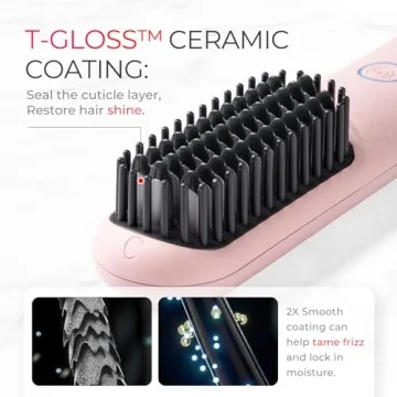 TYMO Porta Cordless Hair Straightener Brush, Portable Mini Straightening Brush for Travel, Negative Ion Hot Comb Hair Straightener for Women, Lightweight to Carry Out, USB Rechargeable, Blush