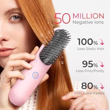 TYMO Porta Cordless Hair Straightener Brush, Portable Mini Straightening Brush for Travel, Negative Ion Hot Comb Hair Straightener for Women, Lightweight to Carry Out, USB Rechargeable, Blush