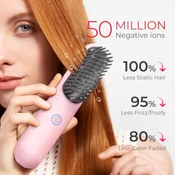 TYMO Porta Cordless Hair Straightener Brush, Portable Mini Straightening Brush for Travel, Negative Ion Hot Comb Hair Straightener for Women, Lightweight to Carry Out, USB Rechargeable, Blush