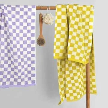 Jacquotha Checkered Bath Towel Set in Yellow and Lilac, Soft Large Shower Towels Bathroom 2 Pack 55” x 27.5”, Thin Quick Drying for Beach Pool Swim