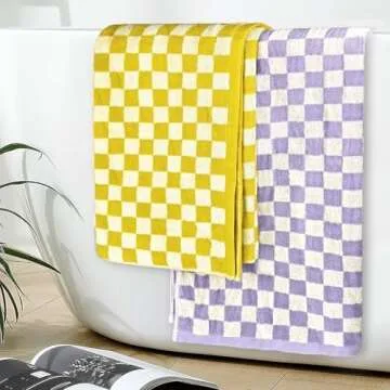 Jacquotha Checkered Bath Towel Set in Yellow and Lilac, Soft Large Shower Towels Bathroom 2 Pack 55” x 27.5”, Thin Quick Drying for Beach Pool Swim