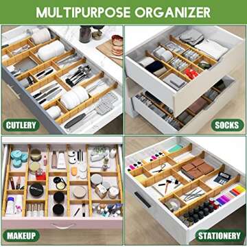 Toydoooco Bamboo Drawer Dividers with 12 Inserts,16.3-22inches,Expandable Kitchen Drawer Organizer,Adjustable Drawer Separators for Bedroom Bathroom Dresser 6 Pack