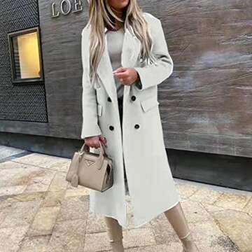 MOKINGTOP Women's Winter Notched Lapel Open Front Double Breasted Elegant Cardigan Suit Slim Long Coat Windbreaker Jacket Pea Coat Trench
