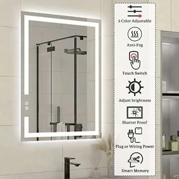 BuLife 28 X 20 Inch LED Bathroom Vanity Mirror, 3 Colors Light Dimmable, Wall Mounted Memory Lighted...