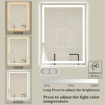 BuLife 28 X 20 Inch LED Bathroom Vanity Mirror, 3 Colors Light Dimmable, Wall Mounted Memory Lighted Makeup Mirror with Anti-Fog Touch Switch (Front-lit&Backlit)