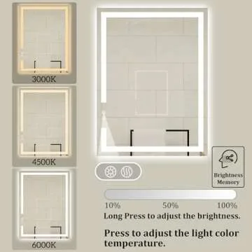 BuLife 28 X 20 Inch LED Bathroom Vanity Mirror, 3 Colors Light Dimmable, Wall Mounted Memory Lighted Makeup Mirror with Anti-Fog Touch Switch (Front-lit&Backlit)