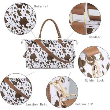 Cow Print Weekender Bag Cow Print Duffle Bag with Shouler Strap Cow Print Overnight Bags for Women Western Weekender Bag for Hospital Maternity