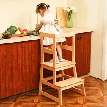 Kids Kitchen Step Stool for Kids with Safety Rail,Solid Wood Construction Toddler Learning Stool, Mo...