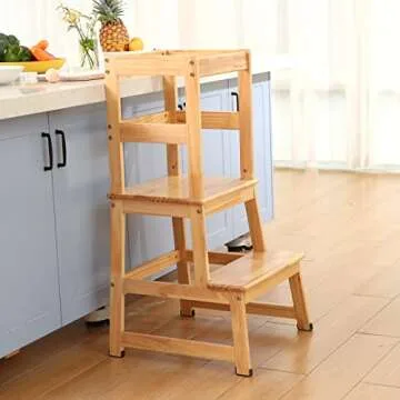 Kids Kitchen Step Stool for Kids with Safety Rail,Solid Wood Construction Toddler Learning Stool, Montessori Toddlers Kitchen Stool Tower(Natural)
