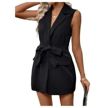 MakeMeChic Women's Lapel Button Front Sleeveless Vest Belted Elegant Dressy Blazer Jacket Black Small
