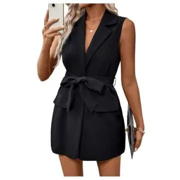 MakeMeChic Women's Lapel Button Front Sleeveless Vest Belted Elegant Dressy Blazer Jacket Black Small