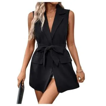 MakeMeChic Women's Lapel Button Front Sleeveless Vest Belted Elegant Dressy Blazer Jacket Black Small